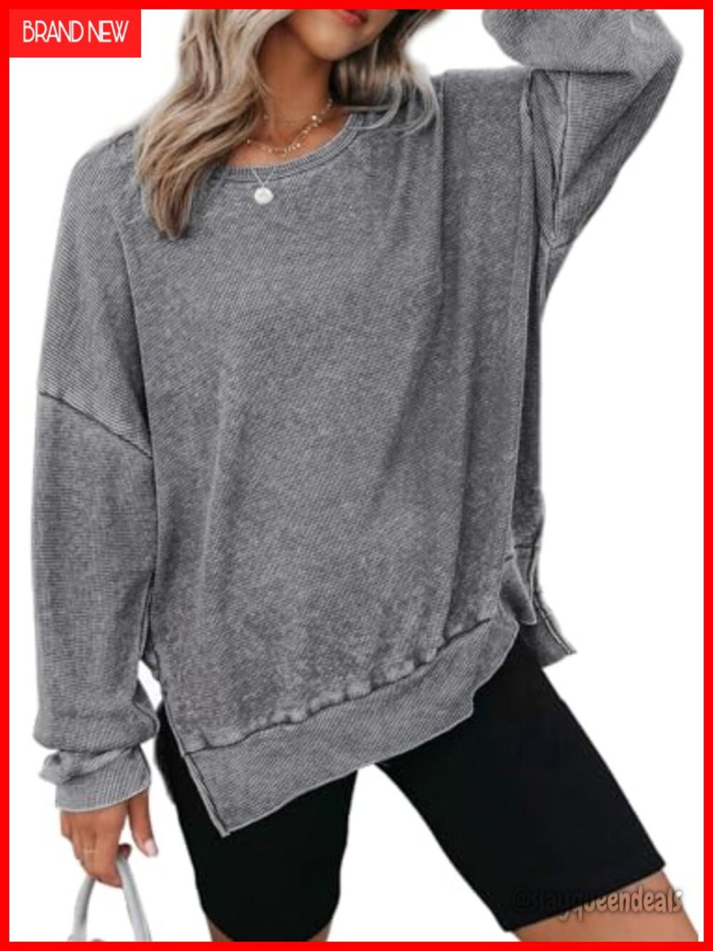 Waffle Knit Oversized Crew Neck Pullover Sweatshirt Side Slits Drop Shoulder
